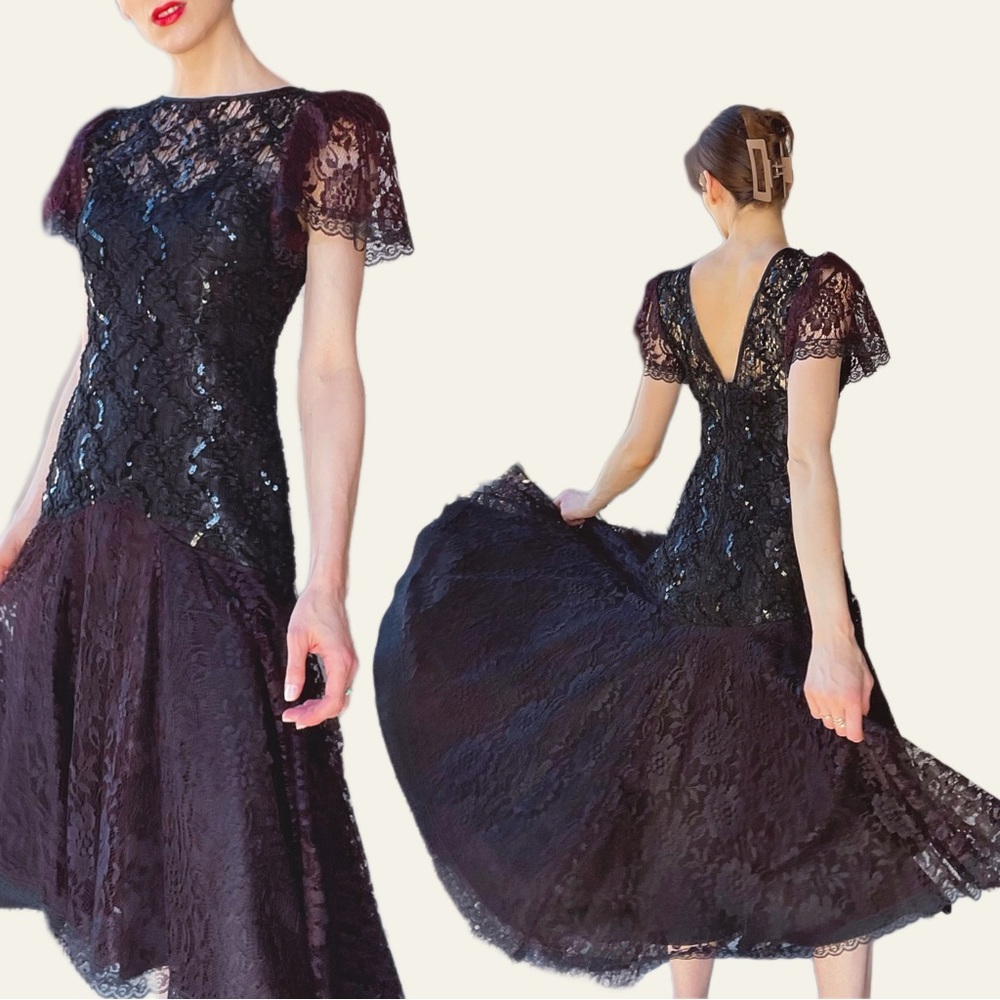 VINTAGE 90s SHUET YOUNG Black & Brown Lace Flutter Sleeve Flounce Midi Dress S - Picture 1 of 10